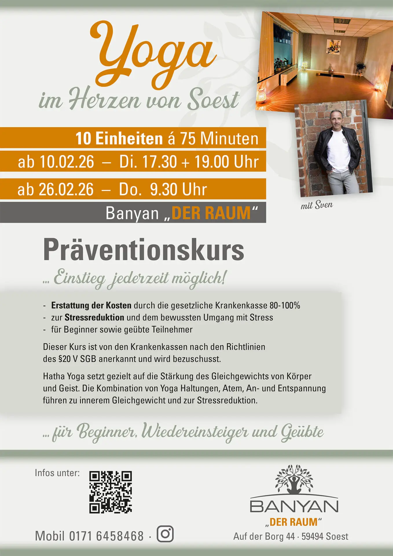 Plakat für einen Yoga-Kurs mit Informationen zu Terminen und Preisen in Soest.