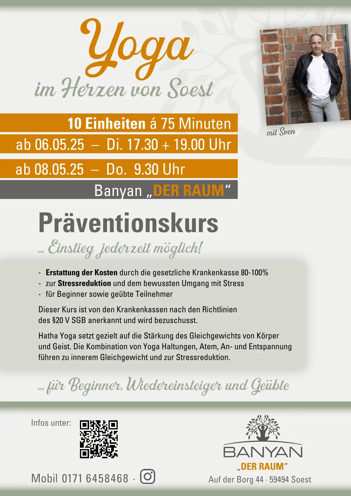 Plakat von Präventionskurs, 10 Einheiten je 75 Minuten ab 06.05.25 Dienstags 17:30 und 19 Uhr und ab 08.05.25 Donnerstags 09:30 Uhr