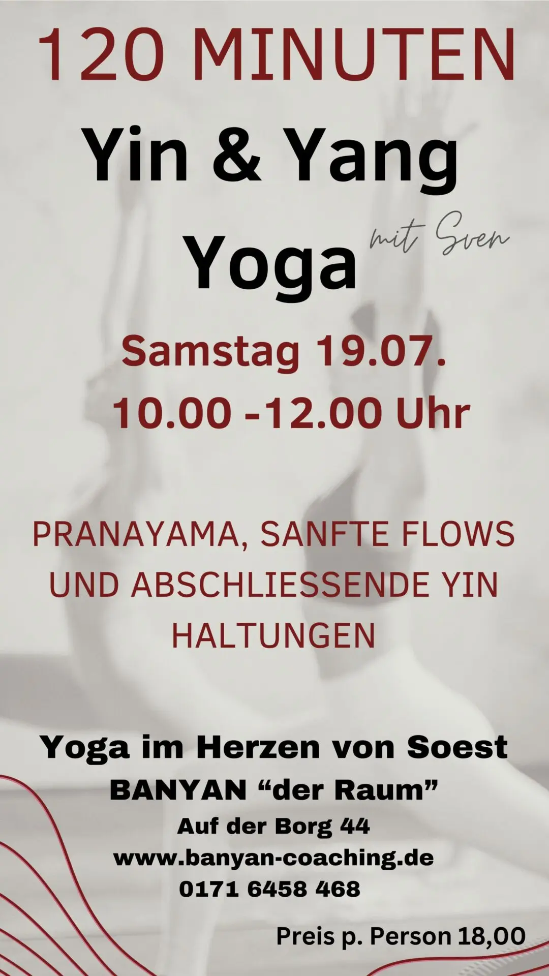 Plakat von Präventionskurs, 10 Einheiten je 75 Minuten ab 06.05.25 Dienstags 17:30 und 19 Uhr und ab 08.05.25 Donnerstags 09:30 Uhr