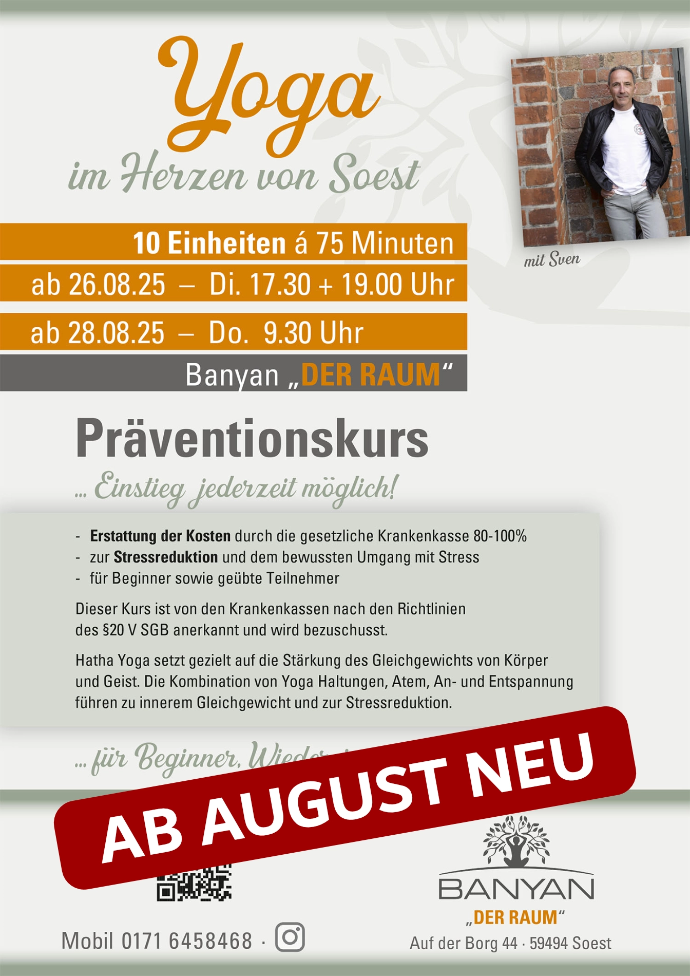 Plakat von Präventionskurs, 10 Einheiten je 75 Minuten ab 06.05.25 Dienstags 17:30 und 19 Uhr und ab 08.05.25 Donnerstags 09:30 Uhr