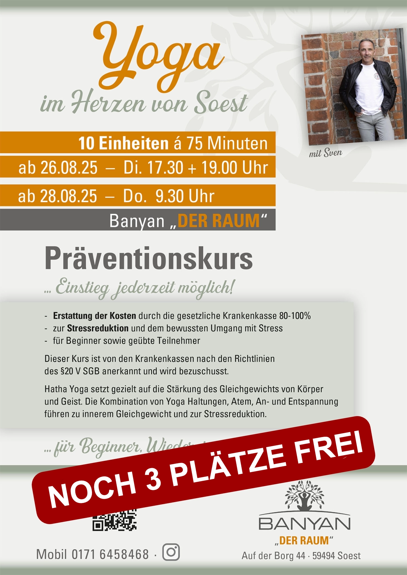 Plakat für einen Yoga-Kurs mit Informationen zu Terminen und Preisen in Soest.