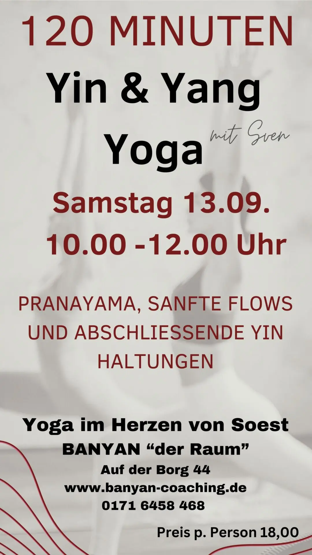 Plakat für Yin und Yang Yoga mit Informationen zu Datum, Uhrzeit und Ort.