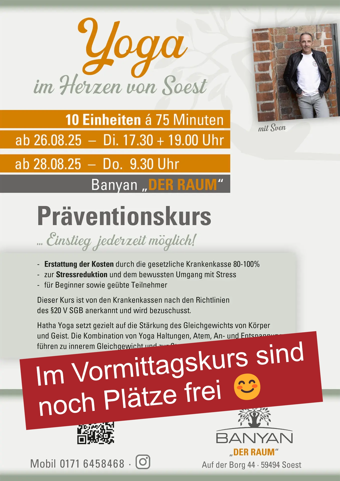 Plakat für einen Yoga-Kurs mit Informationen zu Terminen und Preisen in Soest.