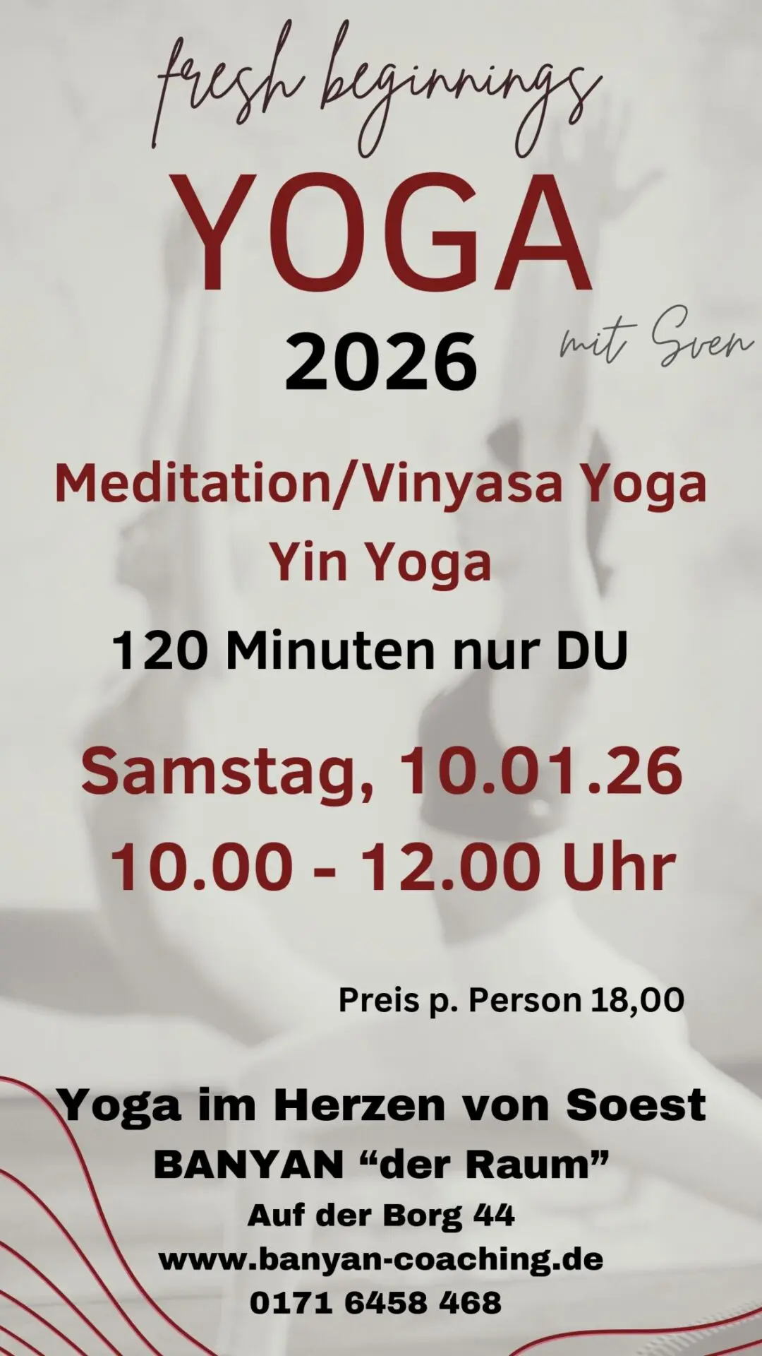 Plakat für einen Yoga-Kurs mit Informationen zu Terminen und Preisen in Soest.