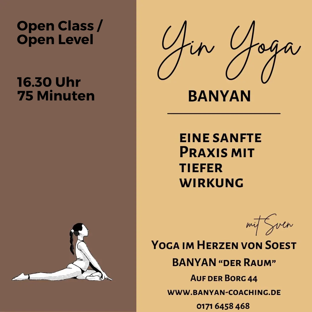 Yin Yoga Kursankündigung mit Details zu Uhrzeit, Dauer und Ort, sowie einer stilisierten Darstellung einer Yogaübung.