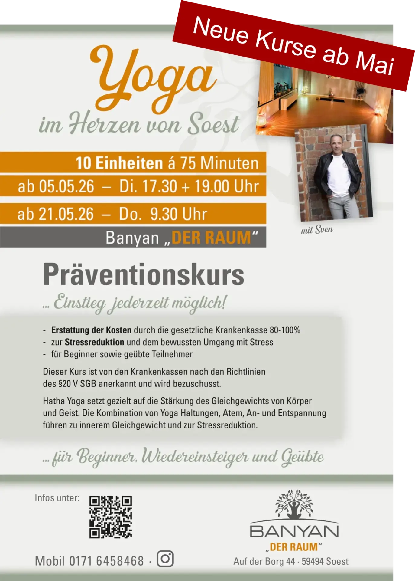 Plakat für Yoga-Kurse in Soest mit Informationen zu Terminen, Preisen und Kursinhalten. Enthält Details zu Präventionskursen und Kontaktinformationen.