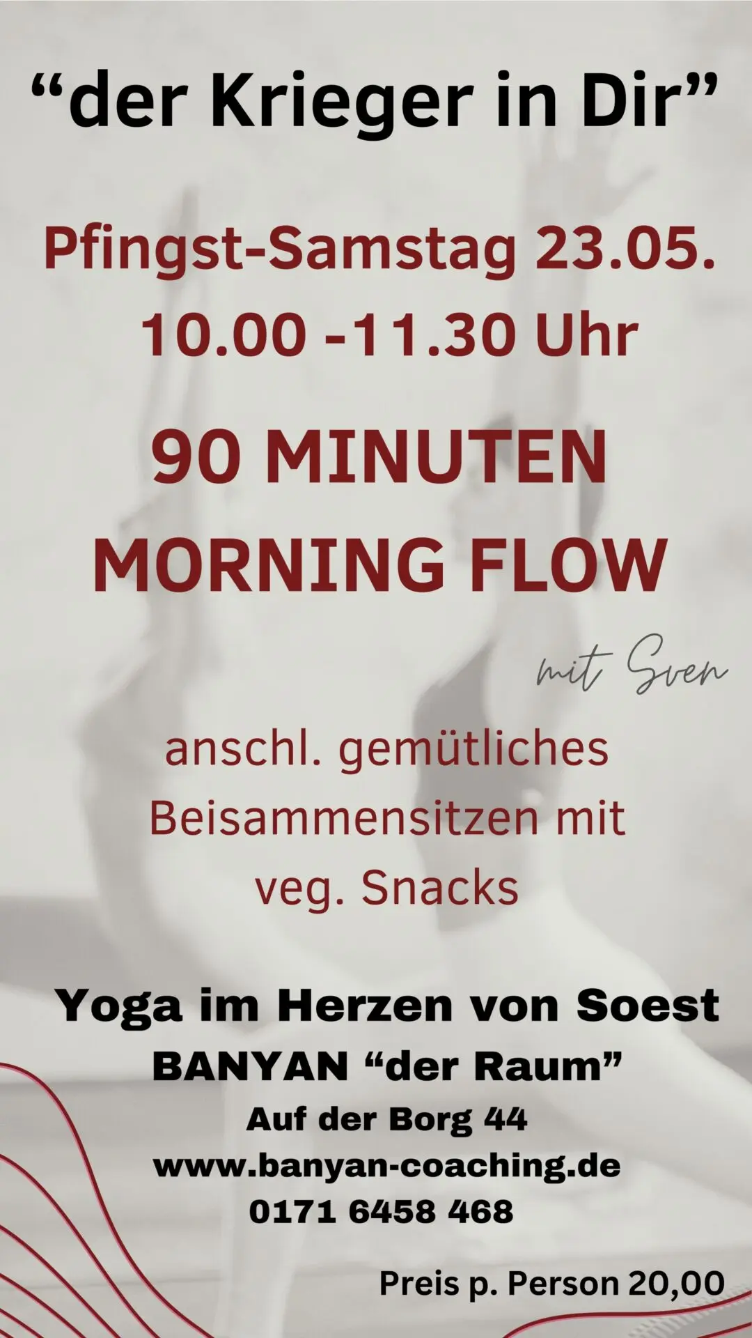 Plakat für Yoga-Kurse in Soest mit Informationen zu Terminen, Preisen und Kursinhalten. Enthält Details zu Präventionskursen und Kontaktinformationen.